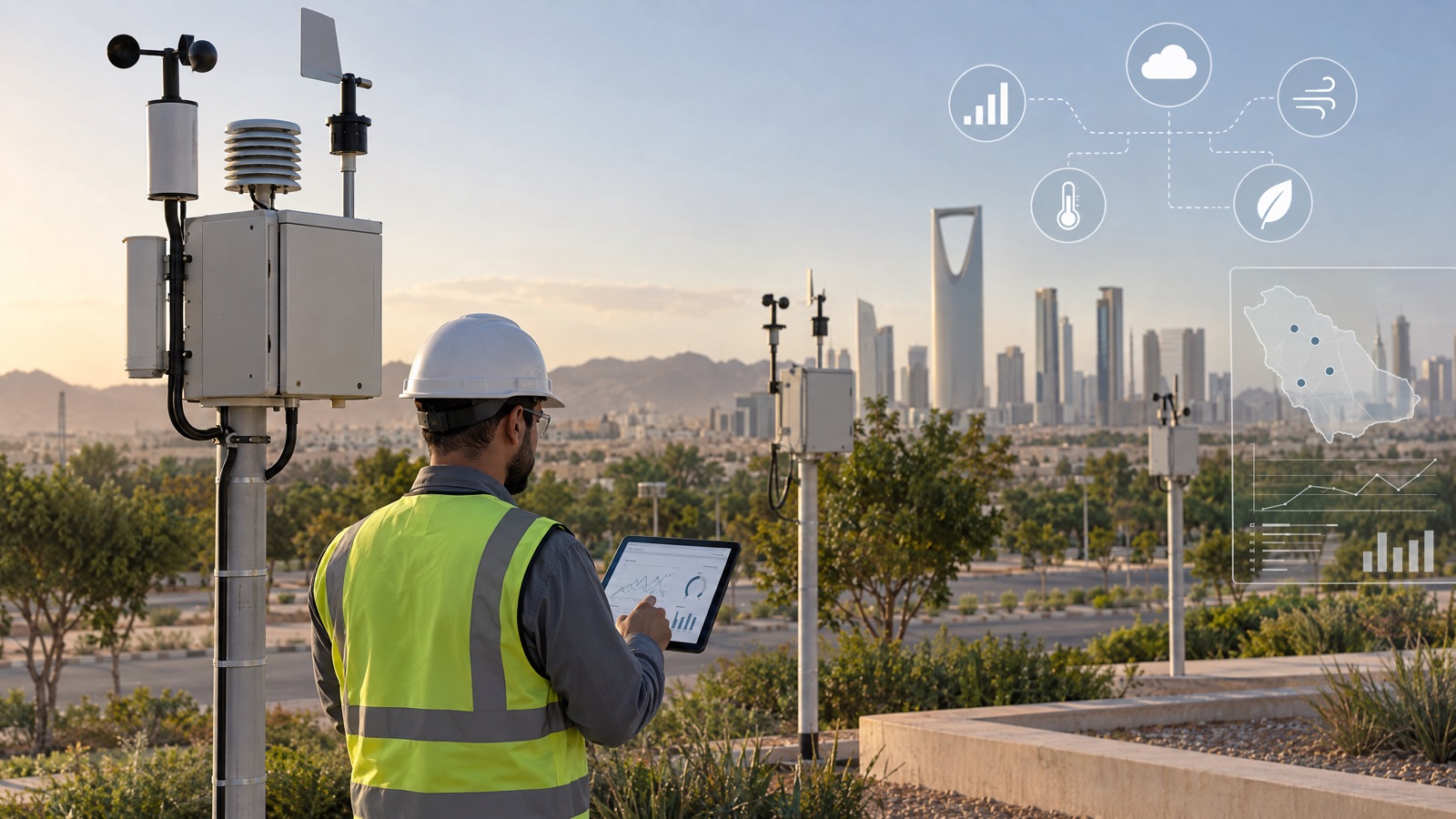 Illustrative editorial visual: editorial illustration connecting Saudi monitoring objectives, sensor selection, station siting, data quality and operational decisions.