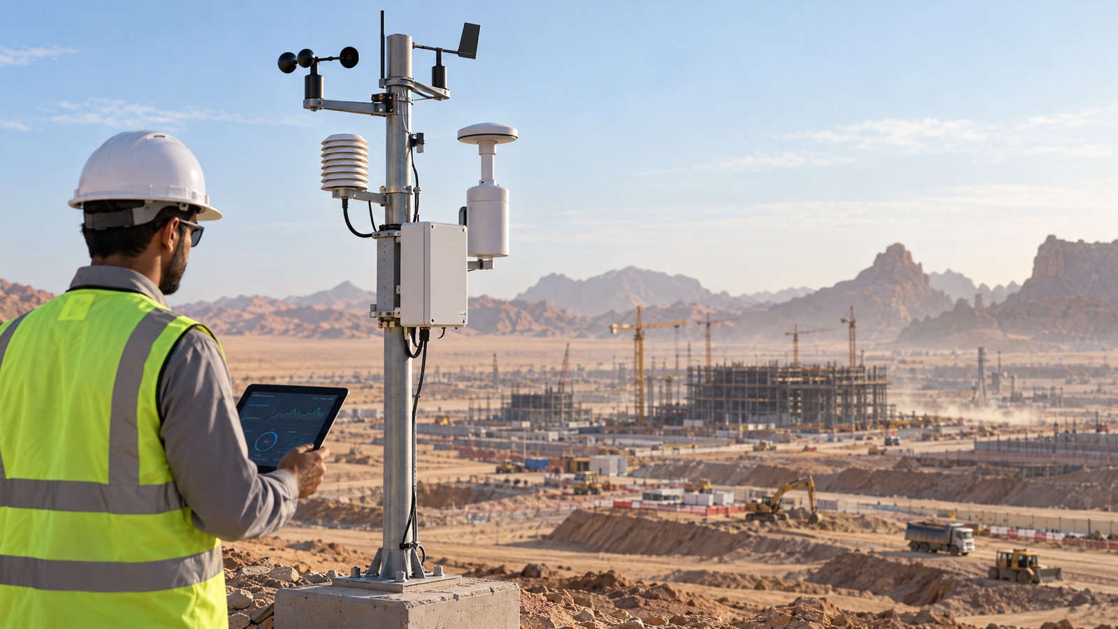 Illustrative editorial visual: Aeroqual AQS 1, Dust Sentry and AQM 65 arranged as distinct Saudi ambient, fenceline and dust-monitoring options.