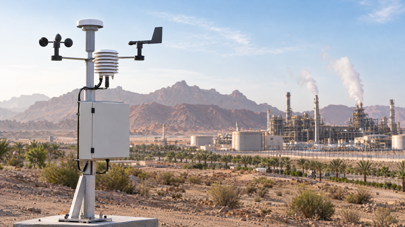 Illustrative editorial visual: ENVEA ambient analyser rack, multigas emissions analyser and particulate monitor shown as separate Saudi monitoring-system building blocks.