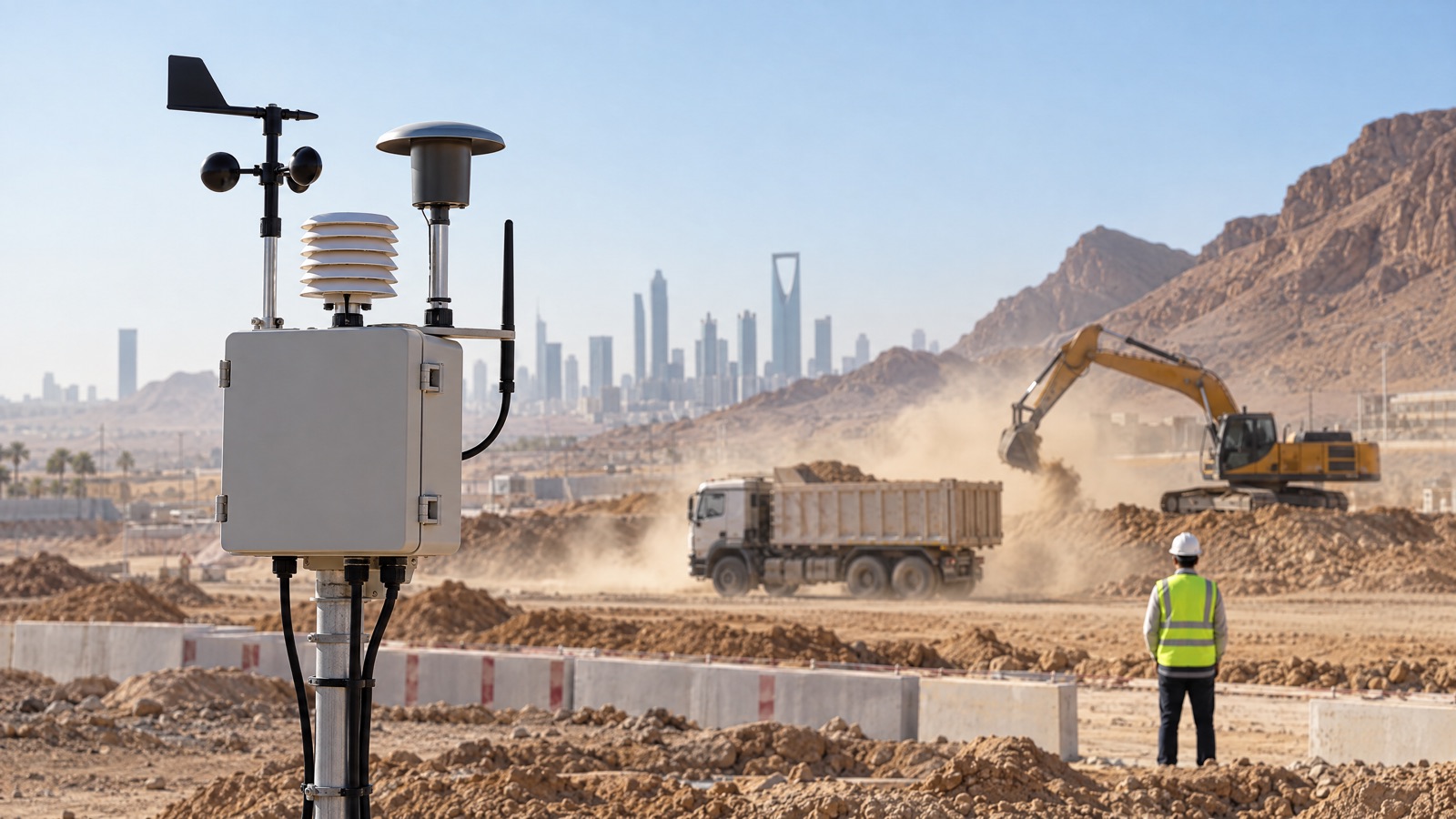 Illustrative editorial visual: Oizom Polludrone, Dustroid, AQBot and Pollusense connected to an Envizom dashboard across a Saudi urban-industrial network.