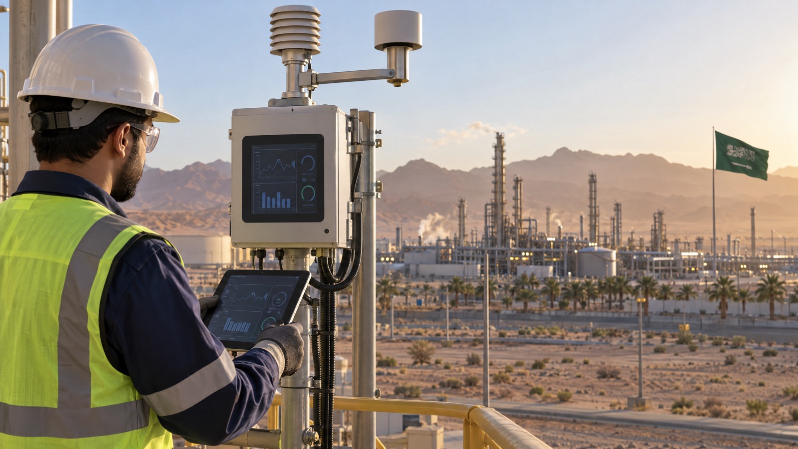 Illustrative editorial visual: Teledyne API T Series analyser rack with sample manifold, gas calibration equipment, particulate monitor and Saudi station data interface.