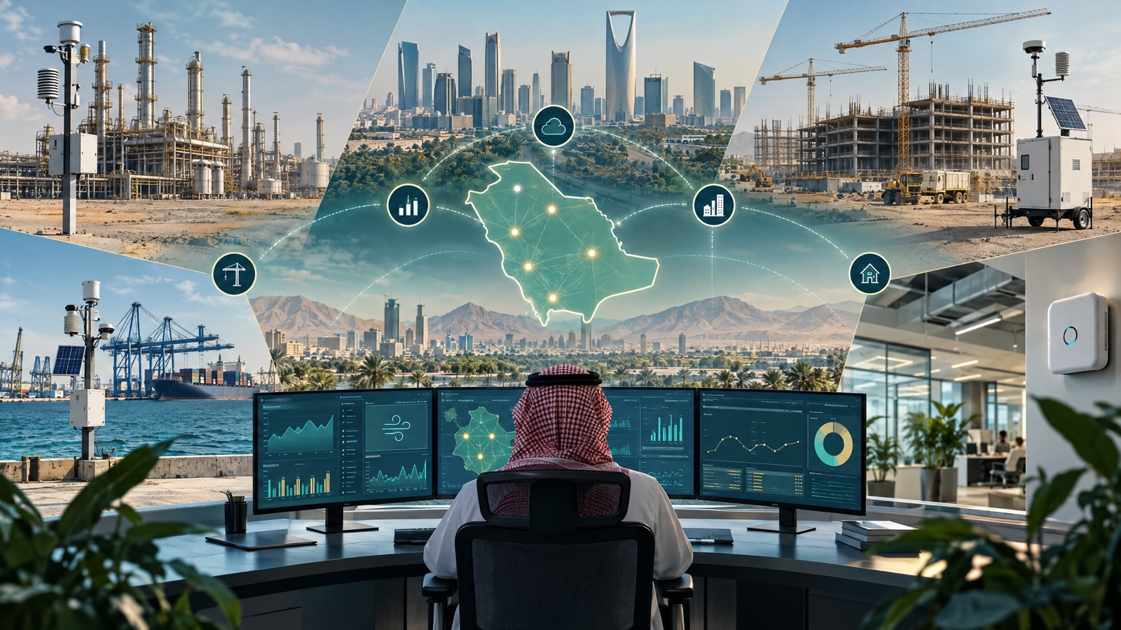 Illustrative editorial visual: Saudi industrial, construction, urban and commercial sites connected to fixed, portable and indoor air-monitoring equipment through a central operational dashboard.