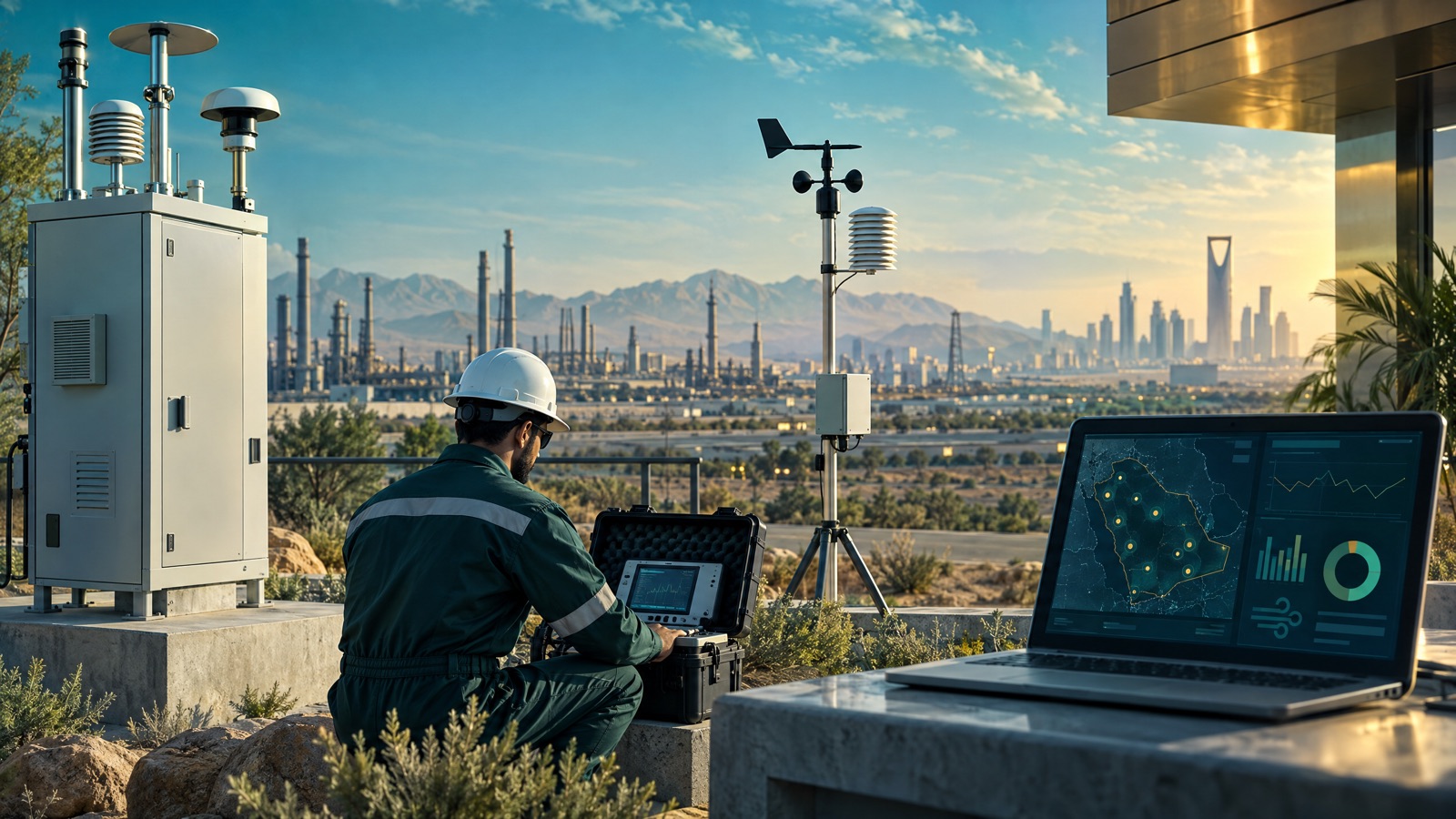 Illustrative editorial visual: Editorial air-monitoring context for Air Quality and Emissions Monitoring Solutions in Saudi Arabia.