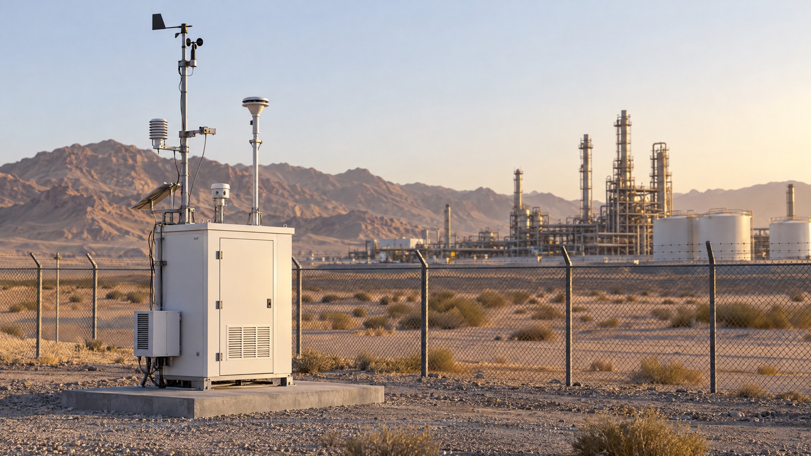 Illustrative editorial visual: Editorial air-monitoring context for Industrial Fenceline Air Monitoring Systems in Saudi Arabia.