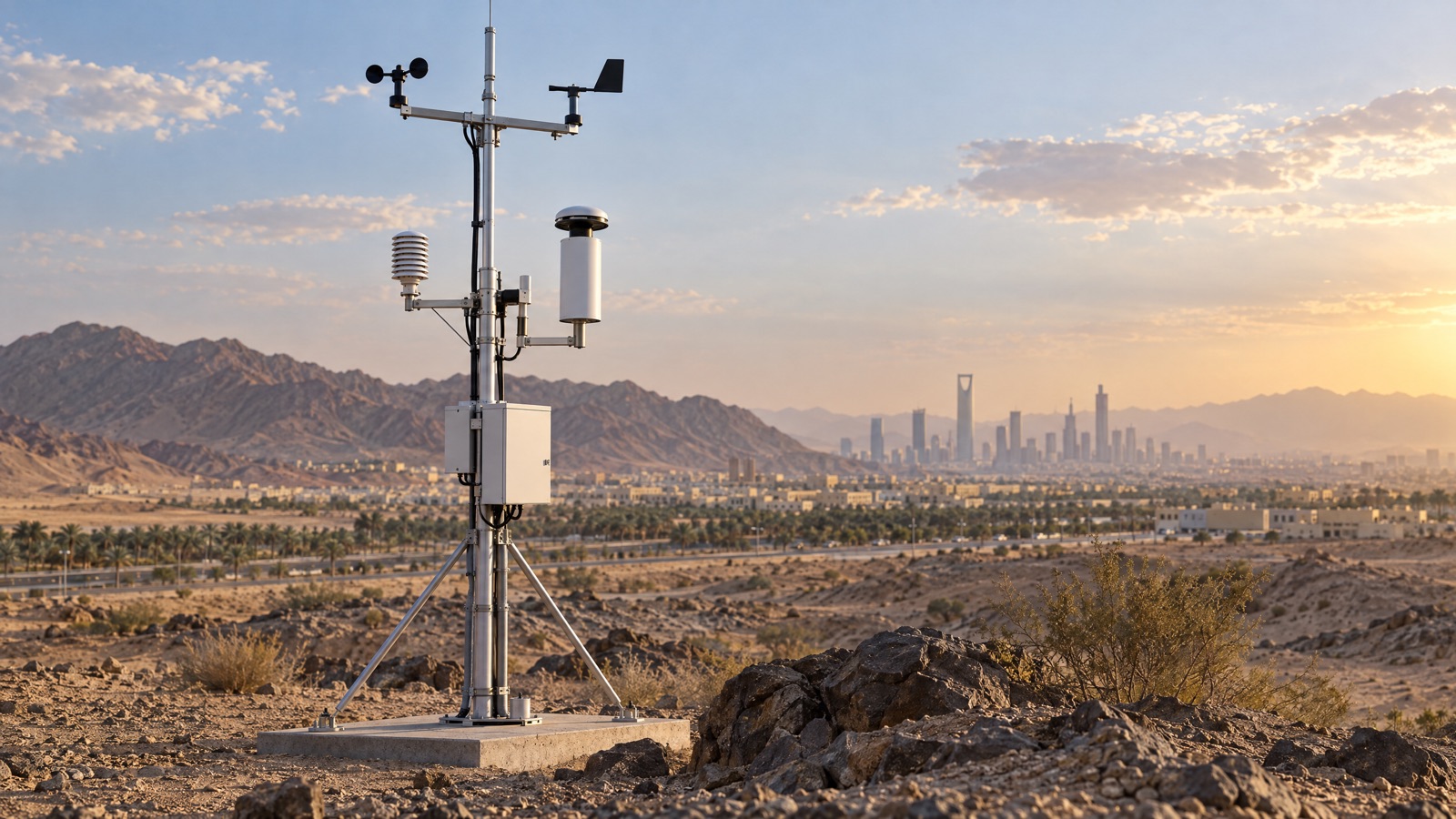 Illustrative editorial visual: Editorial air-monitoring context for Meteorological Sensors and Air-Quality Integration in Saudi Arabia.