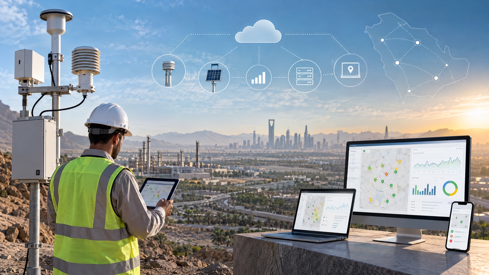Illustrative editorial visual: EnviroSaudi air-monitoring service workflow from needs assessment and equipment supply to installation, data integration and handover.