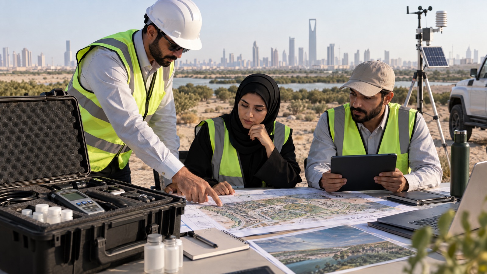 Illustrative editorial visual: Monitoring-needs assessment matrix comparing pollutant, range, deployment, data and maintenance requirements for Saudi projects.
