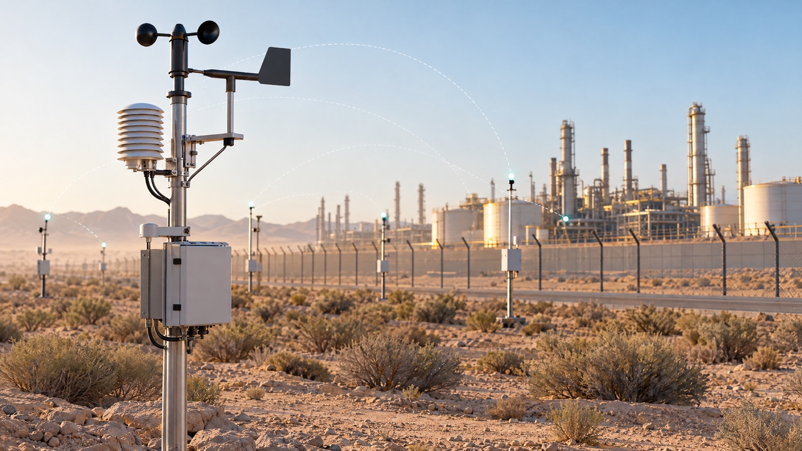 Illustrative editorial visual: Site plan showing purpose-based air-monitoring locations, weather station, power and communications paths around a Saudi industrial facility.