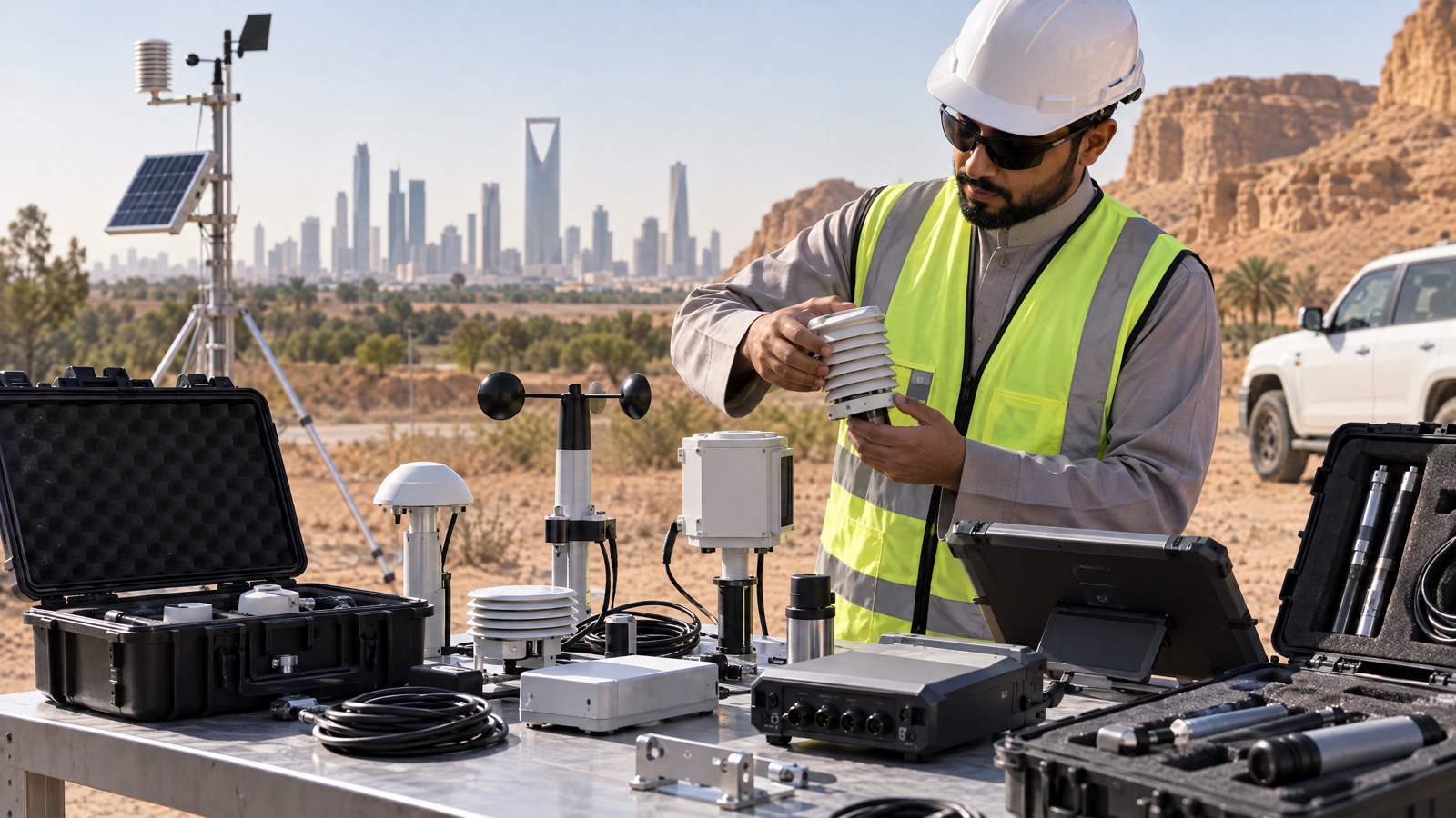 Illustrative editorial visual: Configured air-monitoring equipment package with instrument, sensor schedule, mounting, power, communications and documentation prepared for Saudi delivery.