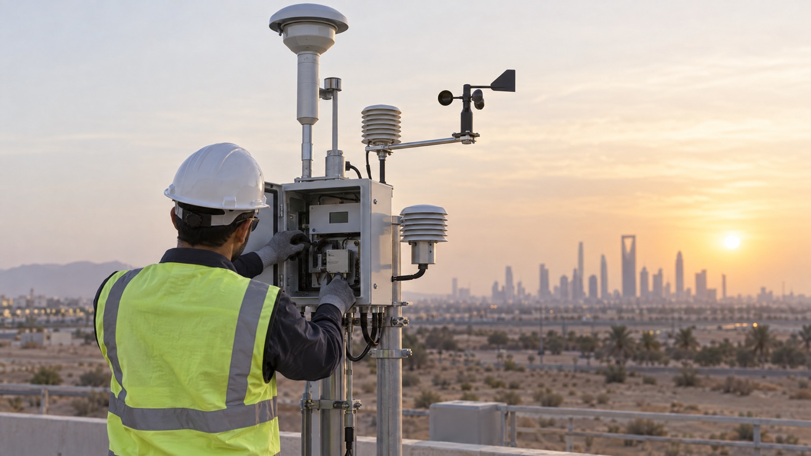Illustrative editorial visual: Qualified site team installing and checking an outdoor air-monitoring station with mounting, power and communications at a Saudi facility.