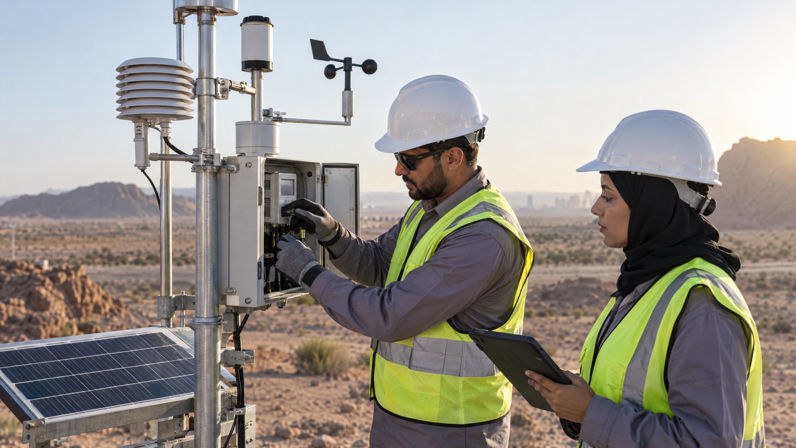 Illustrative editorial visual: Technician reviewing a Saudi air-monitoring station, calibration accessories and a model-specific maintenance checklist.