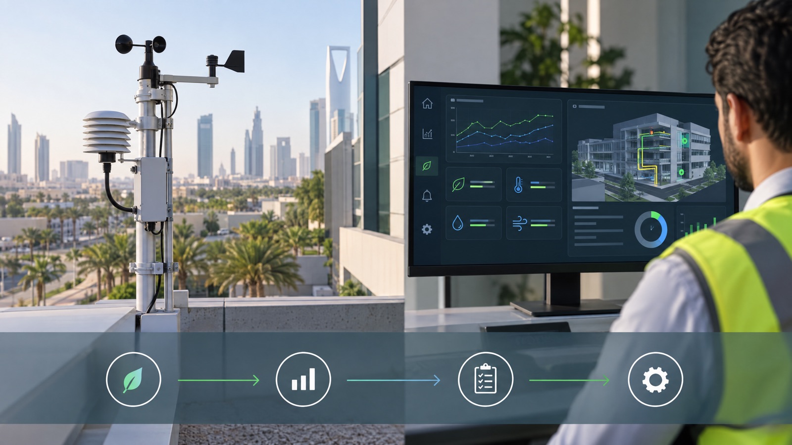 Illustrative editorial visual: Environmental-monitor point schedule connecting verified device outputs to a Saudi building-management-system integration workflow.
