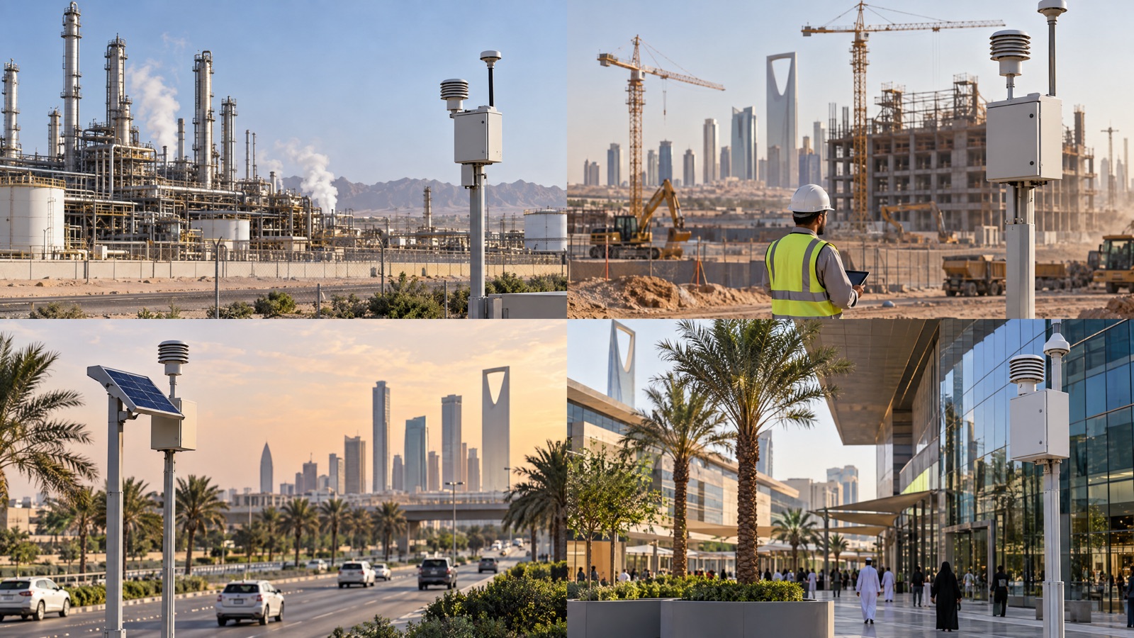 Illustrative editorial visual: Saudi industry map showing fixed, portable, construction, municipal and building air-monitoring applications without implying completed projects.