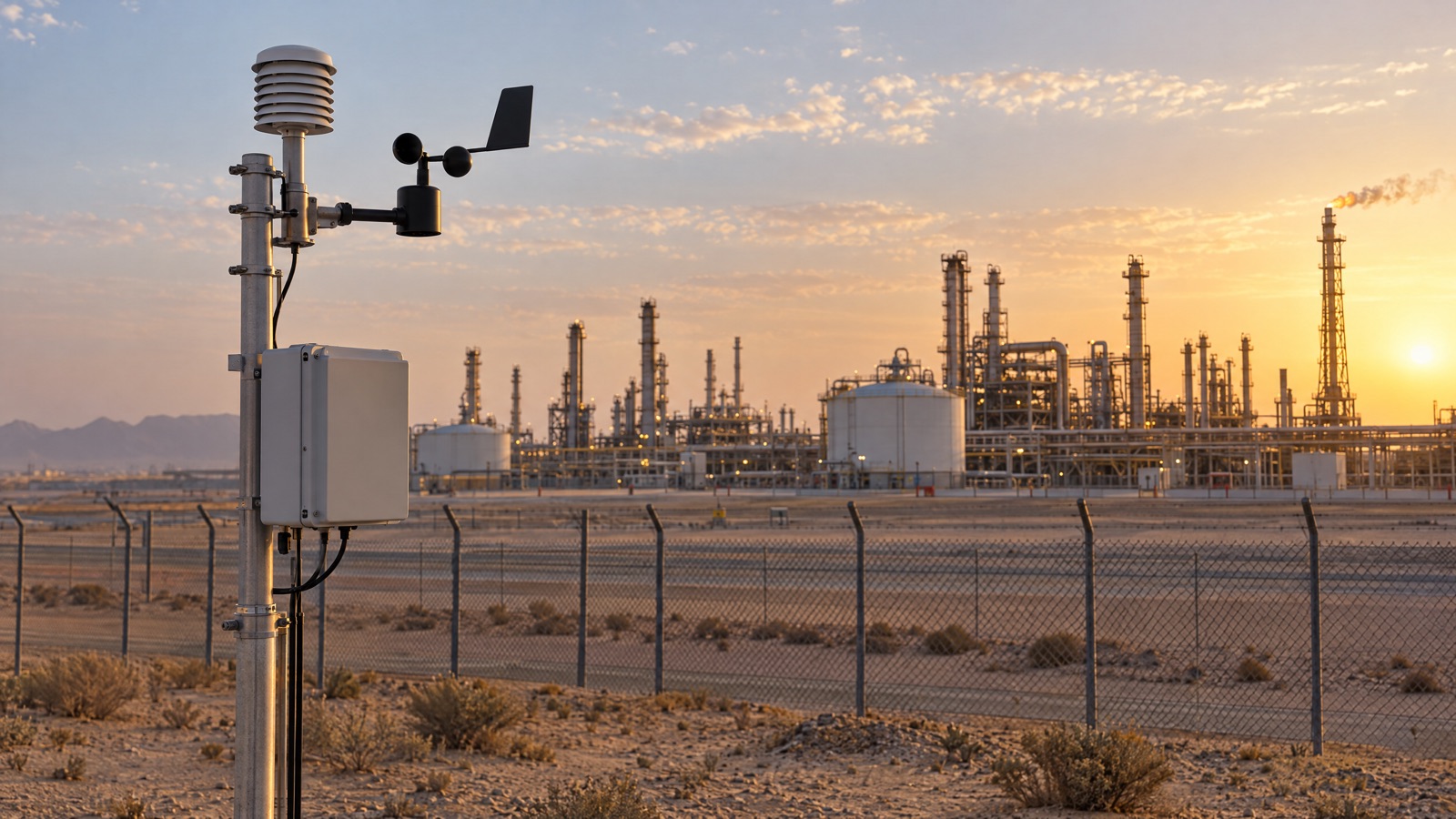 Illustrative editorial visual: Fixed air-monitoring station, portable screening instrument and weather sensor arranged around a Saudi industrial facility boundary.