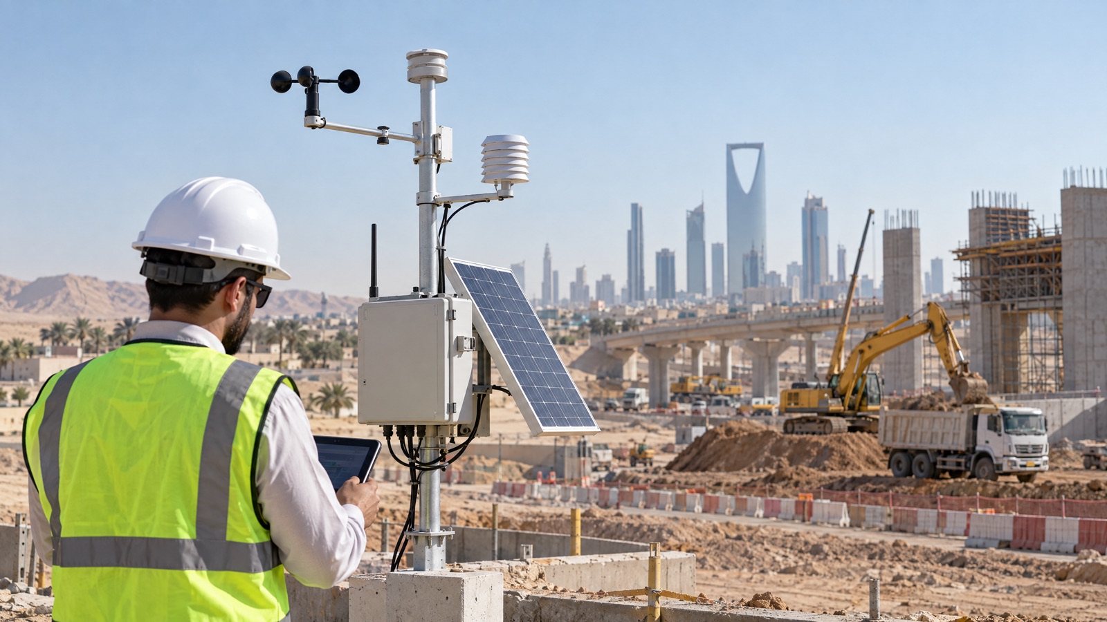 Illustrative editorial visual: Relocatable particulate and weather monitoring nodes around an active Saudi construction and infrastructure site.