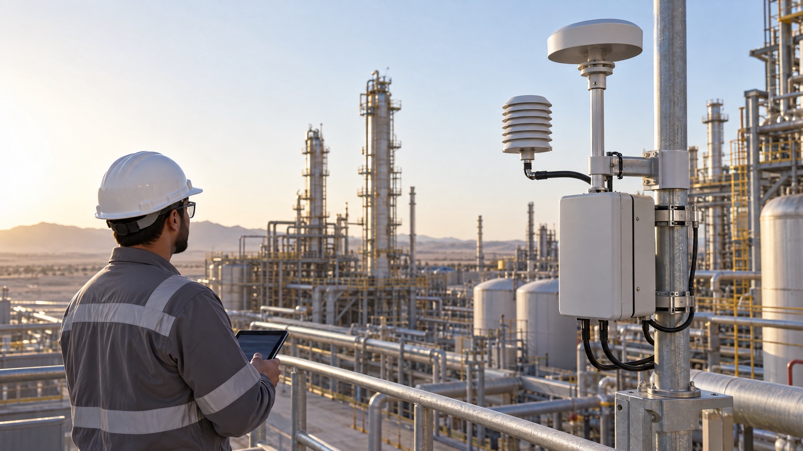 Illustrative editorial visual: Fixed boundary station and portable air monitor positioned around a Saudi manufacturing process and material-handling area.