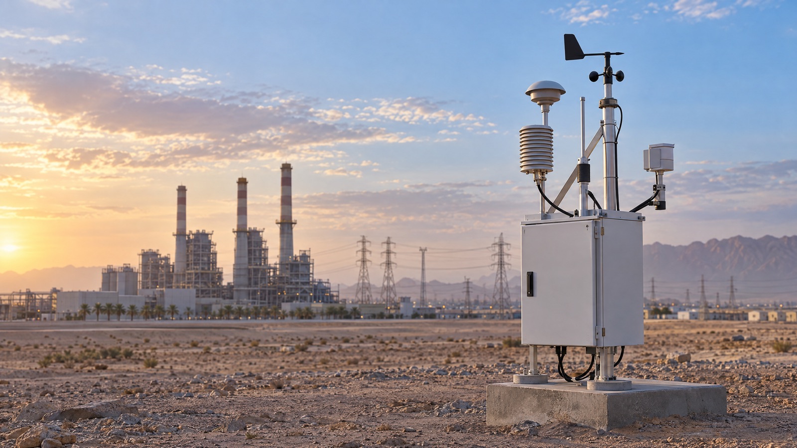 Illustrative editorial visual: Utility-site monitoring architecture showing stack CEMS, boundary air station, weather mast and secure operational dashboard.