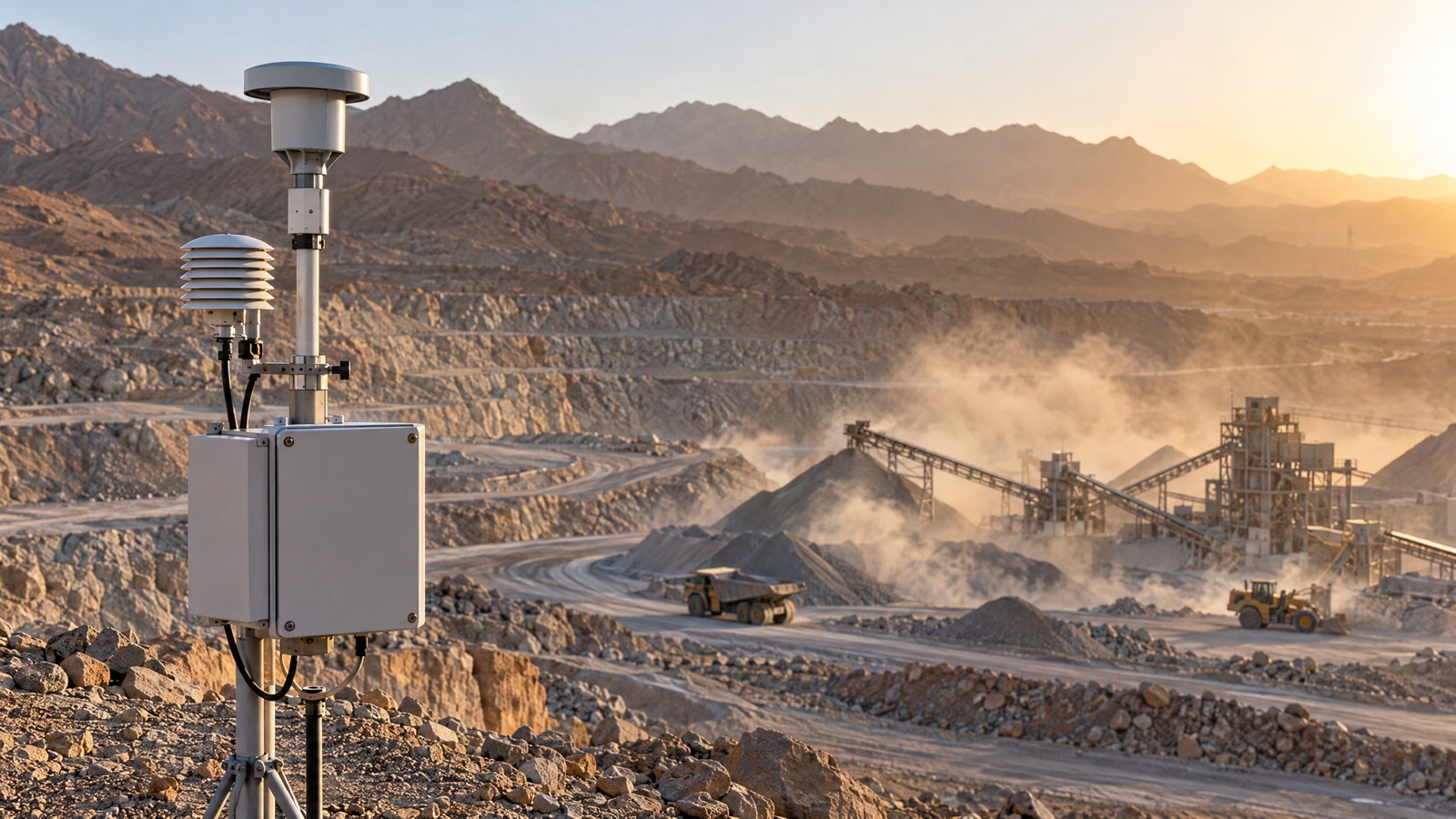 Illustrative editorial visual: Dust and weather monitoring stations positioned around a quarry crusher, conveyor, stockpile and downwind boundary.