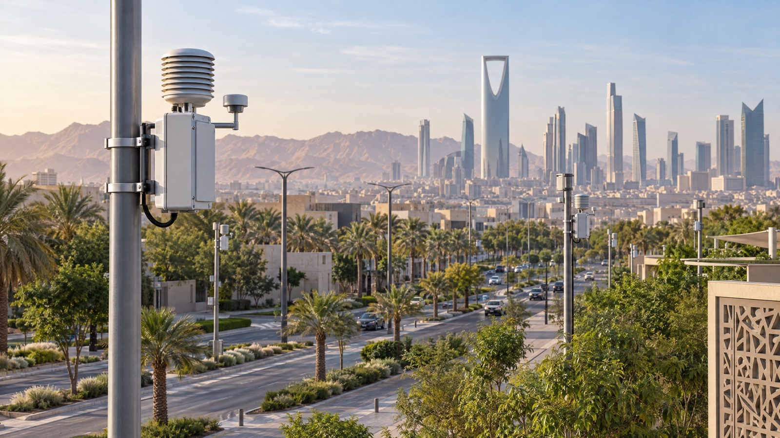 Illustrative editorial visual: Tiered Saudi urban air network with compact neighbourhood nodes, a comparison station, weather sensors and a city operations dashboard.