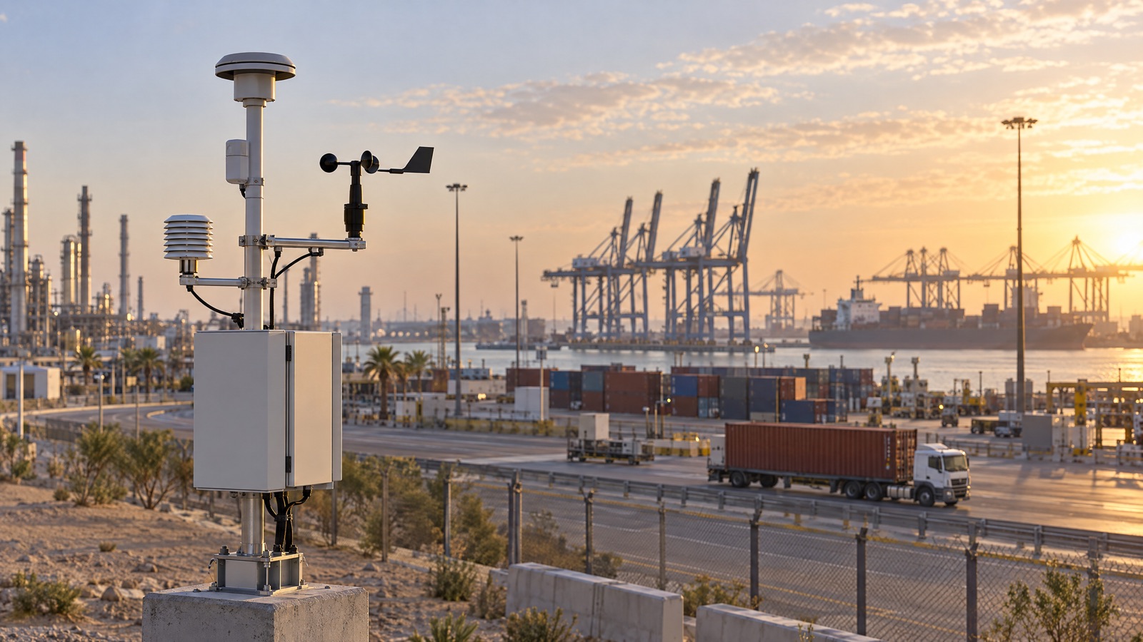 Illustrative editorial visual: Connected air-monitoring stations across a port gate, bulk-handling area, logistics yard and shared industrial-zone boundary.