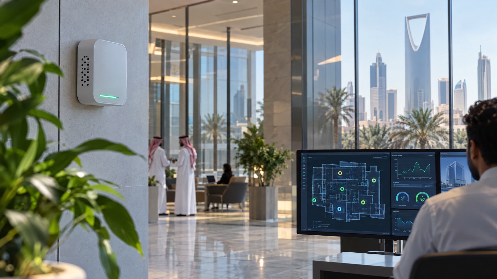Illustrative editorial visual: Saudi commercial-building floor plan with representative indoor-air monitor zones, a dashboard and a verified building-controls interface.
