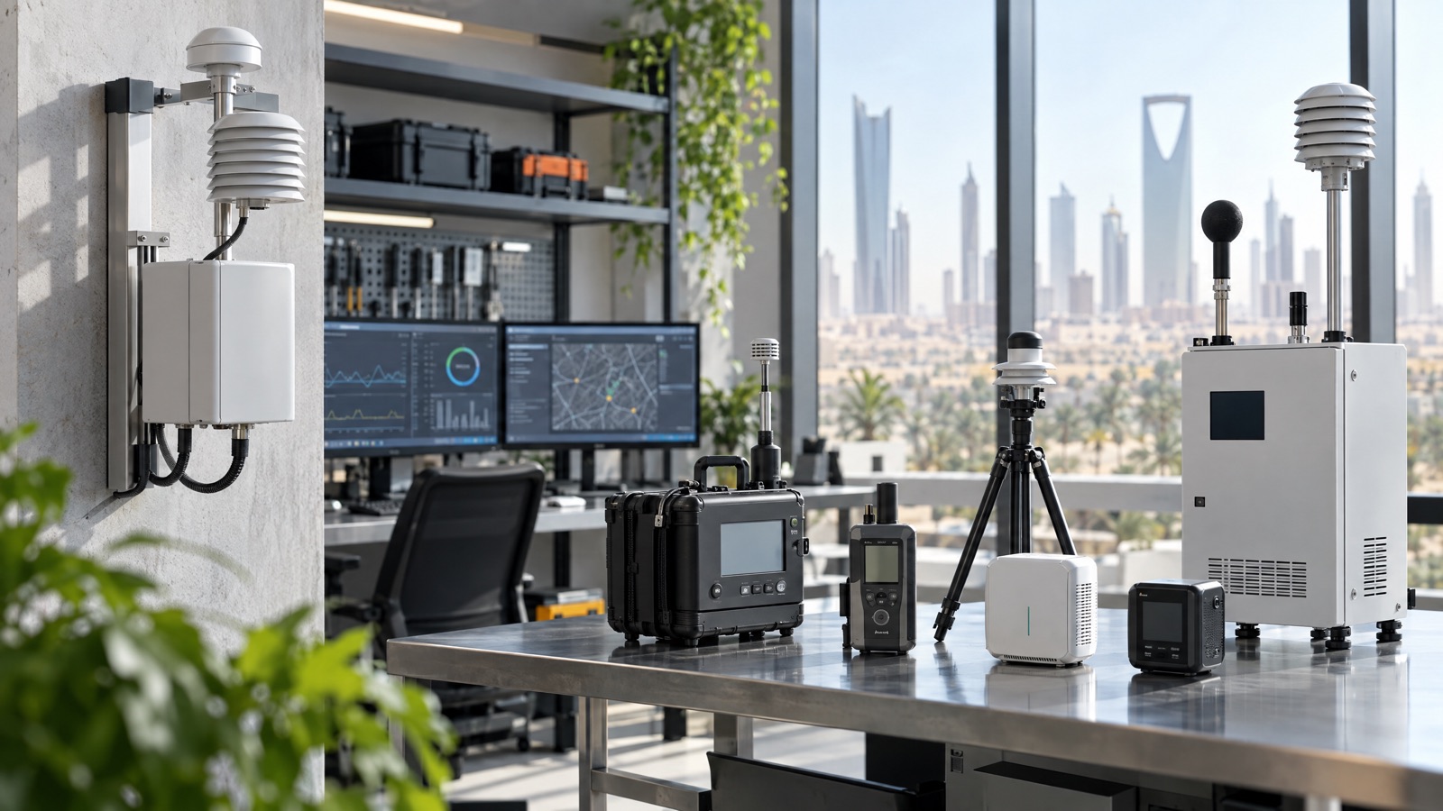 Illustrative editorial visual: comparison of CTair, CTmini, TR8+, indoor monitors and the SIMS3 data platform by fixed, portable and building application.