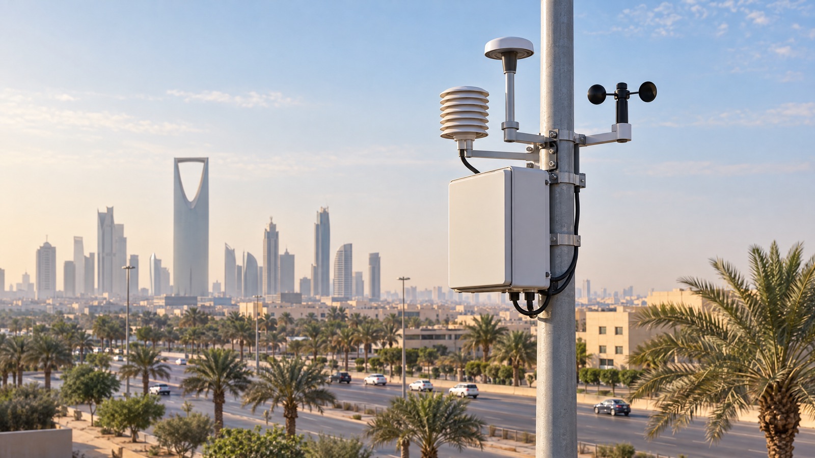 Illustrative editorial visual: configured Scentroid CTair station on a Saudi industrial boundary with labelled sensor, power, communications and dashboard elements.