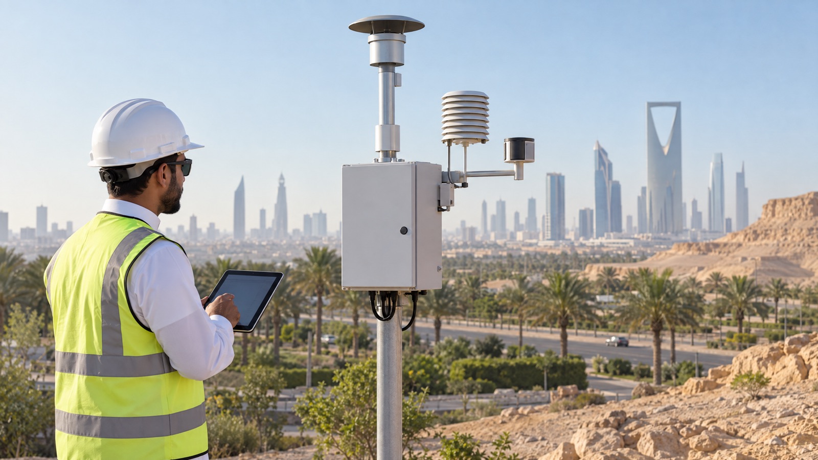 Scentroid CTmini installed on a representative Saudi construction boundary with PM inlet, power, wireless communications and dashboard callouts.