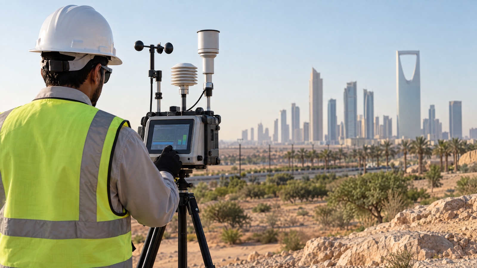 Illustrative editorial visual: Saudi environmental technician using a Scentroid TR8+ at several mapped field points with live tablet readings and a clearly labelled screening-data workflow.