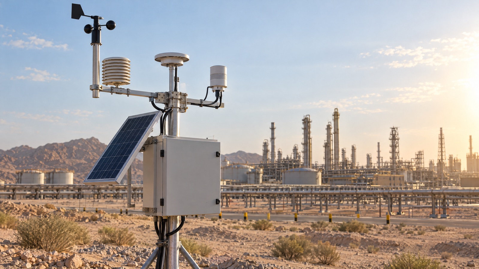 Illustrative editorial visual: a rights-cleared Scentroid SL50 station mounted at a Saudi industrial boundary, with a visible sample inlet and secure service access; alt text “Scentroid SL50 fixed air monitoring station at an industrial site in Saudi Arabia”.