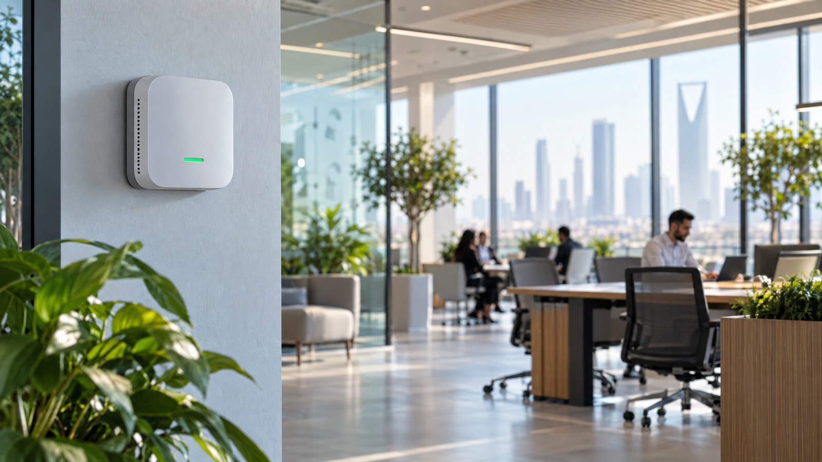 Illustrative editorial visual: rights-cleared side-by-side product image of Scentroid AQmini and AQSafe on an indoor wall or desk, with scale and displays visible; alt text “Scentroid AQmini and AQSafe indoor air monitors for Saudi facilities”.