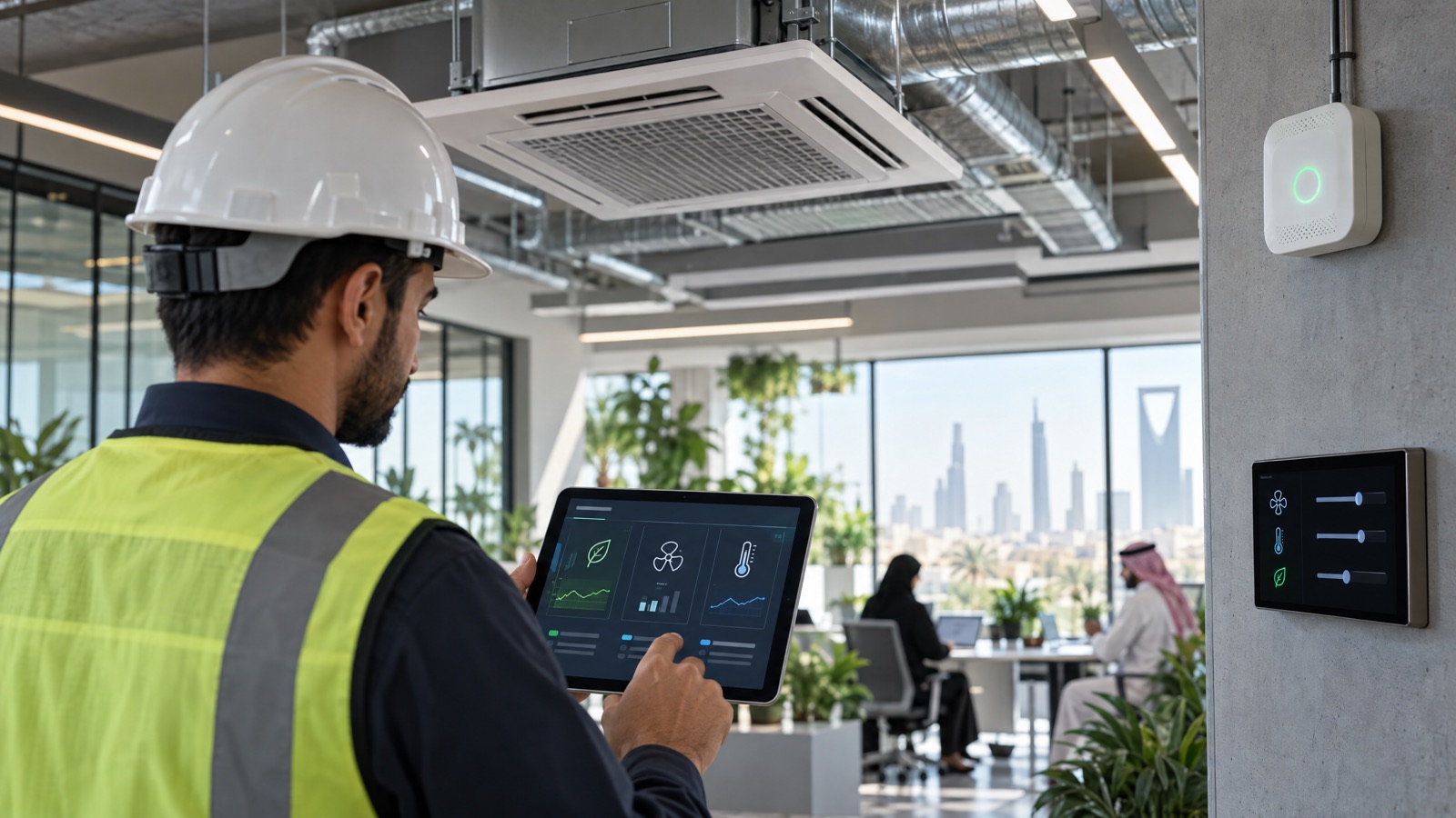 Illustrative editorial visual: a rights-cleared Scentroid HW20 installed in a representative plant or facility monitoring location with nearby controls cabinet, without implying a completed project; alt text “Scentroid HW20 HVAC Warden indoor-air monitoring device for a Saudi facility”.