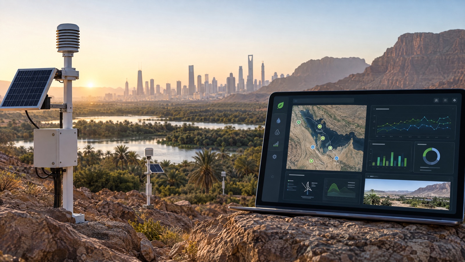 Illustrative editorial visual: a rights-cleared SIMS3 dashboard displayed on a desktop beside a map of several Saudi environmental monitoring locations, using non-project example data; alt text “Scentroid SIMS3 environmental sensor dashboard and map”.