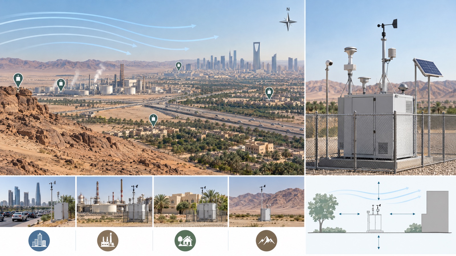 Illustrative editorial visual: an original diagram of a hypothetical Saudi site showing background, upwind, boundary, downwind and community monitoring roles with prevailing wind arrows; alt text “Example ambient air-quality monitoring network roles in Saudi Arabia”.