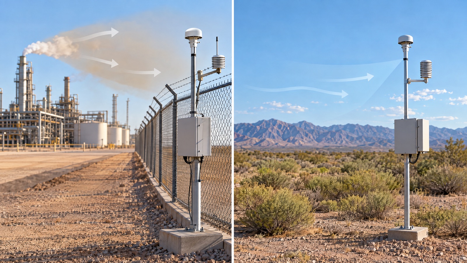 Illustrative editorial visual: comparison diagram showing a facility-boundary fenceline network beside a wider multi-area ambient network.