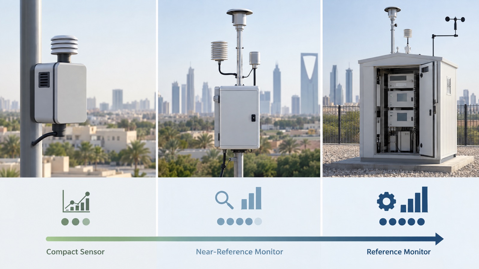 Illustrative editorial visual: three-column decision graphic showing sensor-based operational coverage, evidence-backed near-reference use and formally designated reference-method use without an equivalence arrow.