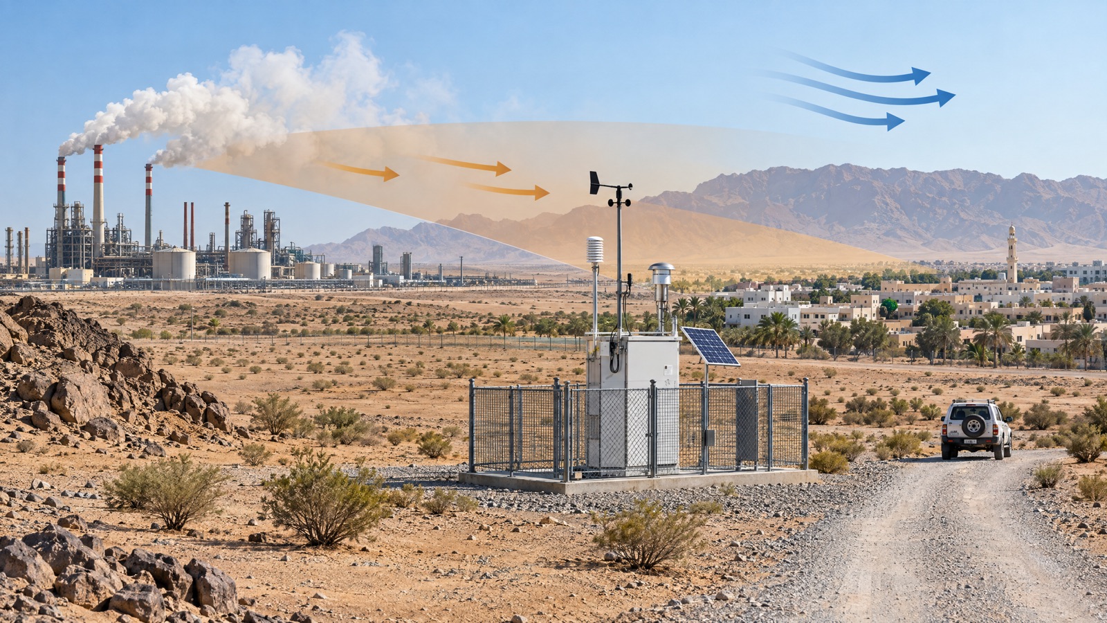 Illustrative editorial visual: annotated Saudi industrial-site plan showing source areas, receptor, seasonal wind sectors, upwind context point, boundary stations and safe service access.