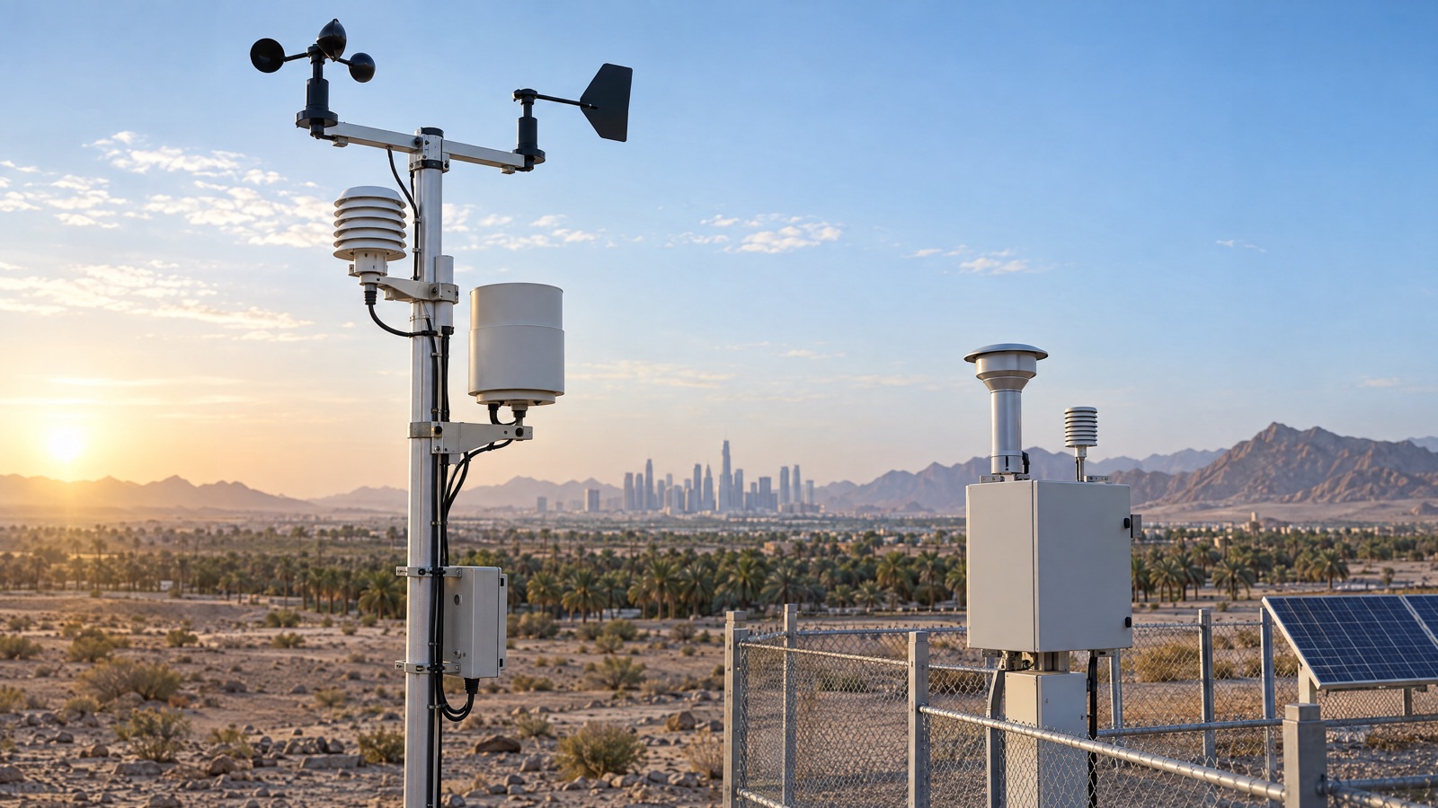 Illustrative editorial visual: a Saudi industrial air-monitoring station with a compact weather sensor above clear roof and equipment obstructions, showing labelled wind direction and air-quality data streams; alt text “Meteorological sensor integrated with an air-quality monitoring station in Saudi Arabia”.