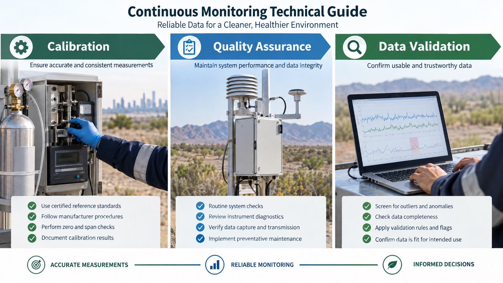 Illustrative editorial visual: a field technician at a Saudi air-monitoring station completing a documented zero-and-span check while a dashboard shows raw, provisional and validated data states; alt text “Field QA/QC and data validation for a continuous air monitor in Saudi Arabia”.