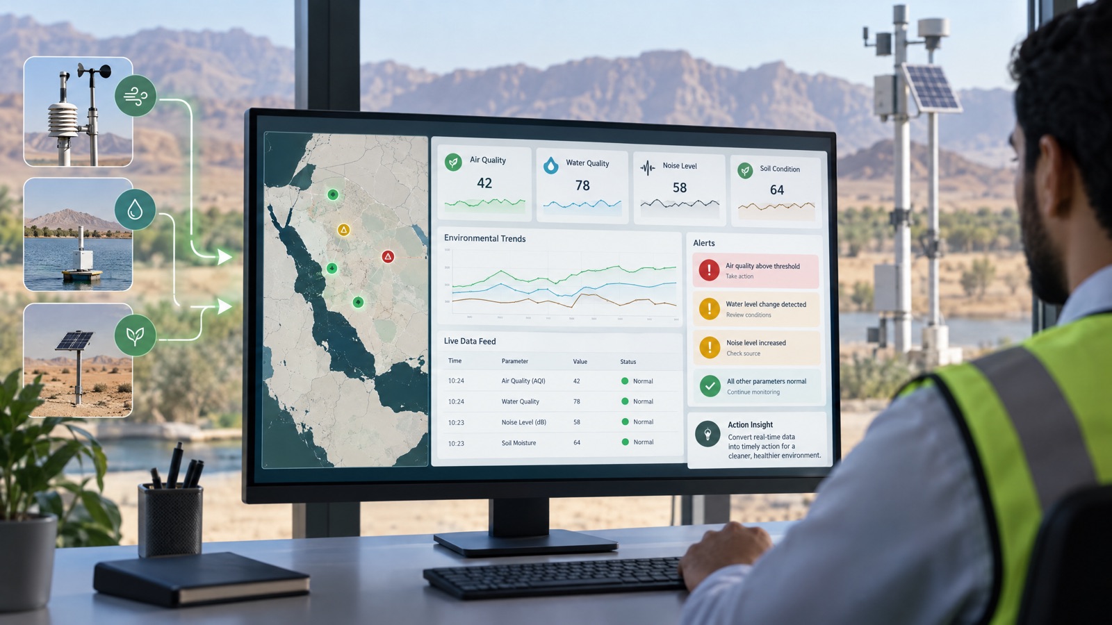 Illustrative editorial visual: a Saudi environmental control-room dashboard showing separate air-quality, instrument-health and communications alerts with an escalation workflow; alt text “Real-time air monitoring alerts and operational reports for a Saudi facility”.