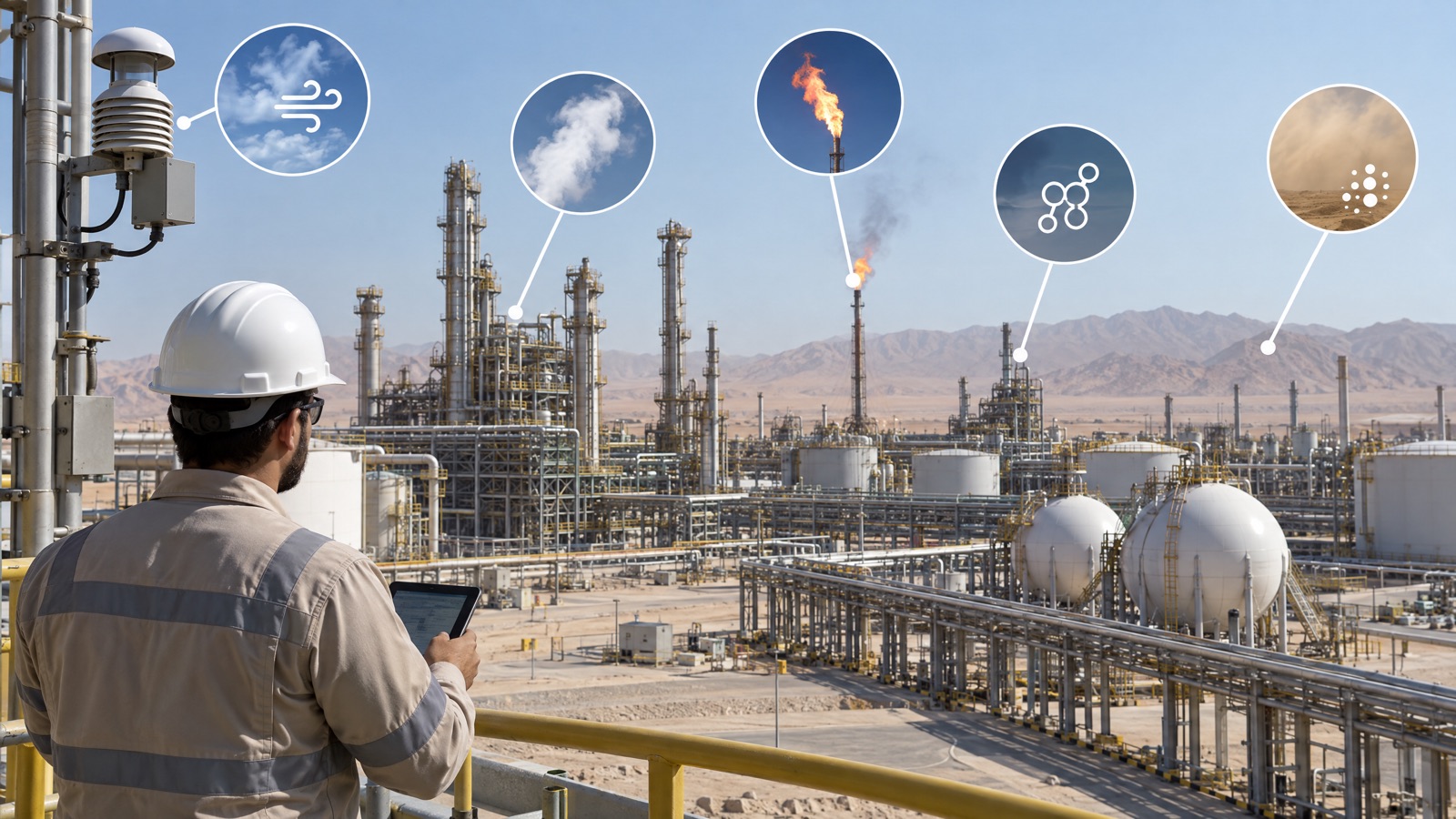 Illustrative editorial visual: a simplified Saudi refinery and petrochemical facility map with separate icons for stack, fenceline, H2S, VOC, particulate and meteorological monitoring points; alt text “Air-monitoring priorities across an oil and petrochemical facility in Saudi Arabia”.