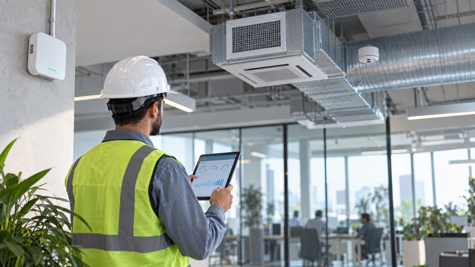 Illustrative editorial visual: a modern commercial building in Saudi Arabia with an indoor-air sensor in an occupied zone, an outdoor reference point and a BMS trend screen connected by labelled data lines; alt text “Indoor air quality and ventilation monitoring in a Saudi commercial building”.