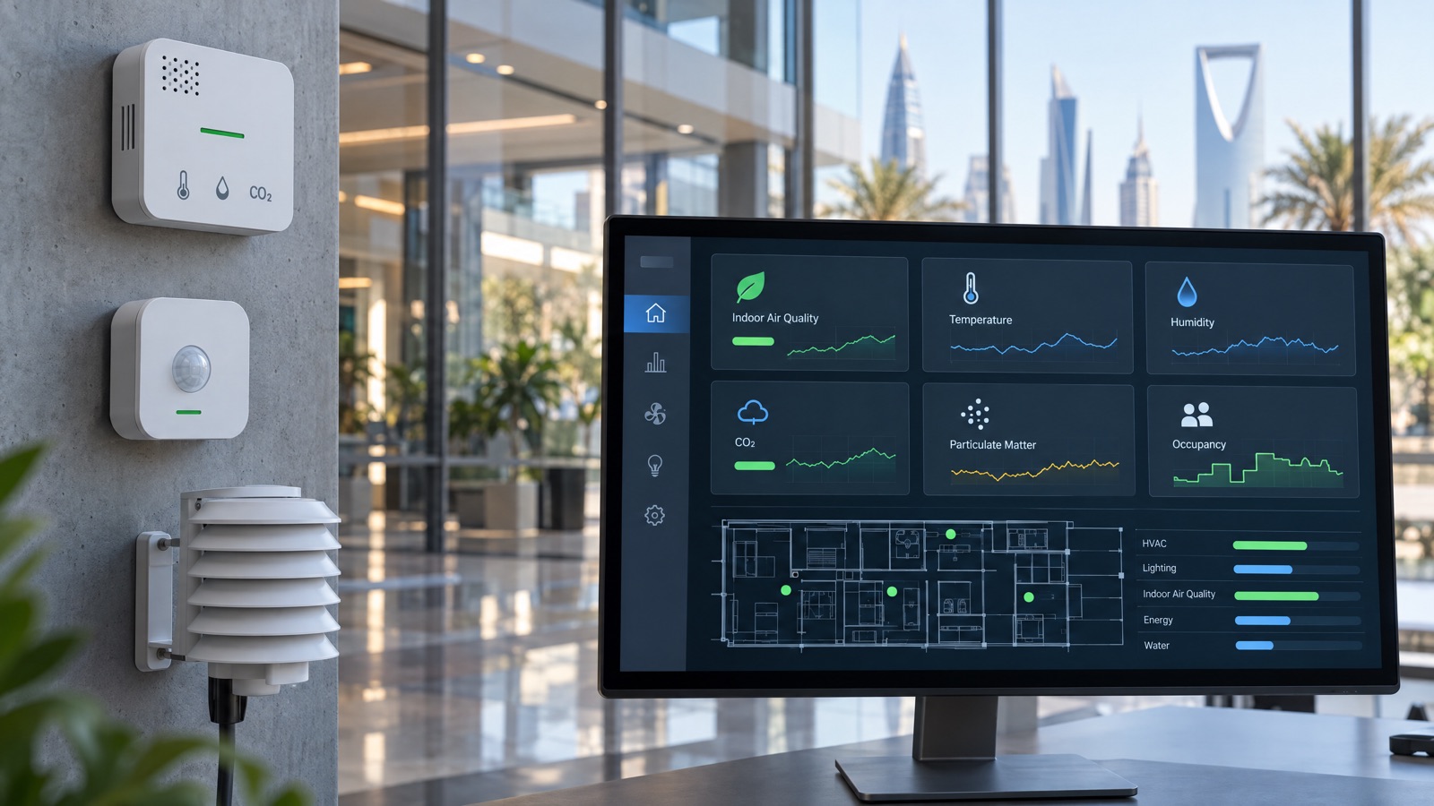 Illustrative editorial visual: Environmental-monitor data path from verified device points through a gateway to a Saudi facility dashboard and building-management system.