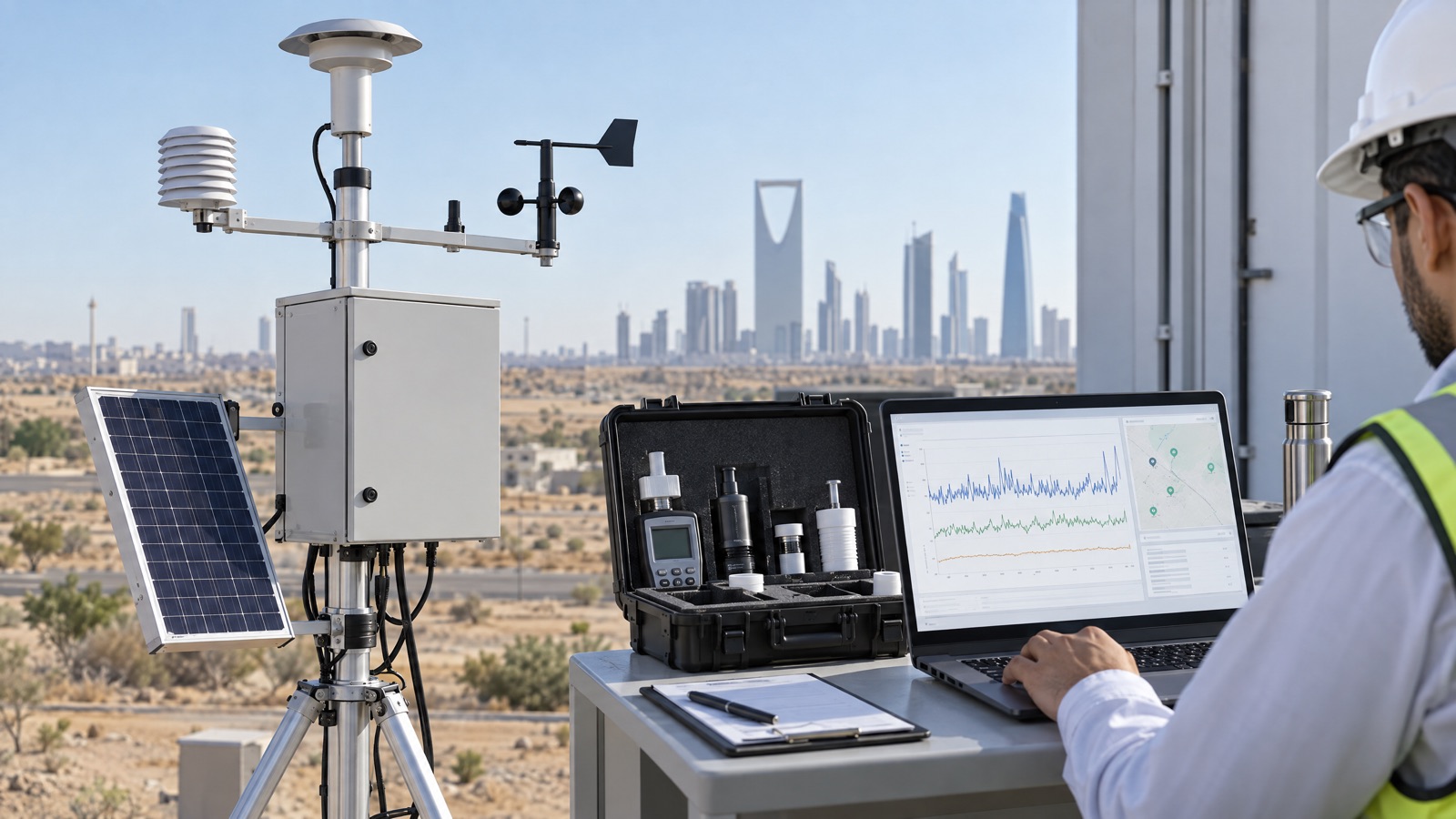 Illustrative editorial visual: Annotated air-monitoring equipment specification showing measurement, site, data, commissioning and maintenance requirements for a Saudi project.
