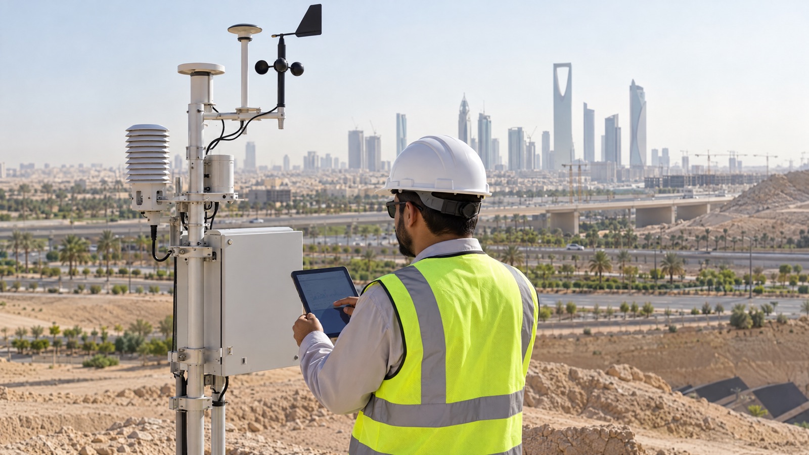 Illustrative editorial visual: Multi-package Saudi infrastructure programme with relocatable particulate stations, a weather sensor and a shared operational dashboard.
