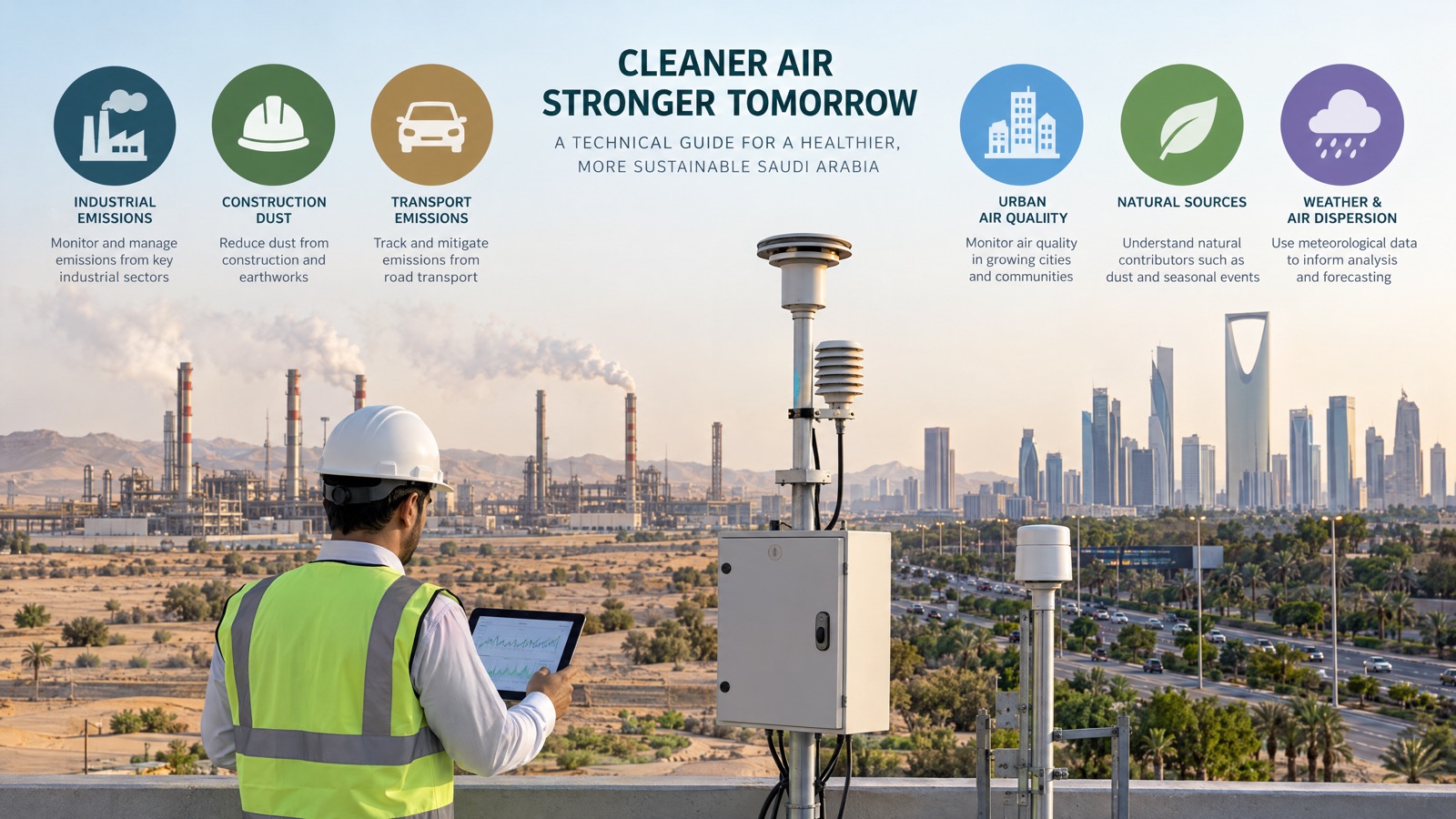 Illustrative editorial visual: Saudi map linking industrial boundaries, construction sites, urban networks, ports and commercial buildings to different air-monitoring priorities.